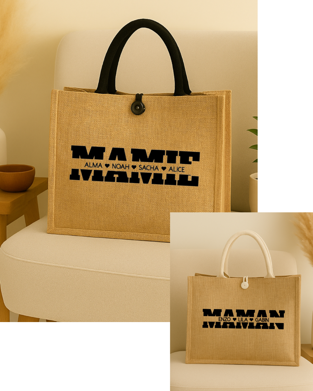Sac en jute personnalisé avec l'appellation + les prénoms au choix