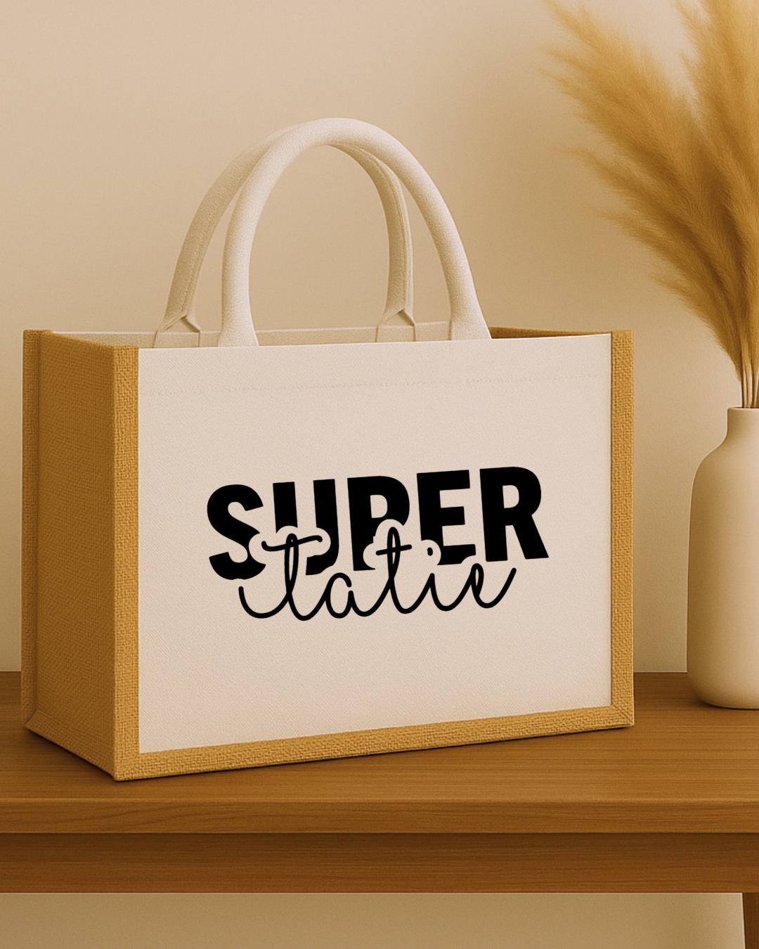 Sac en jute et tissu inscription super tatie, texte modifiable