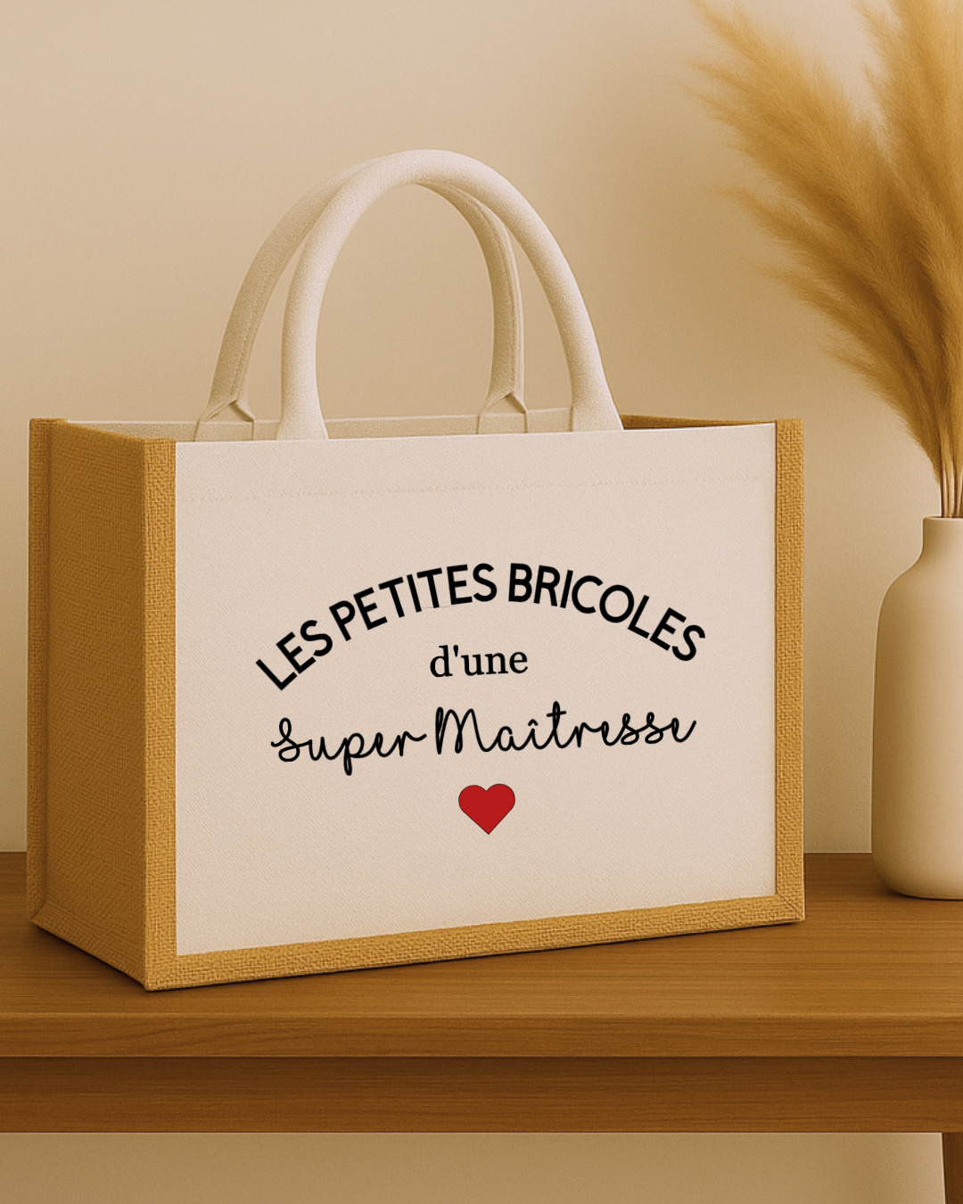 Sac en jute et tissus inscription les petites bricoles d'une super maitresse, texte modifiable