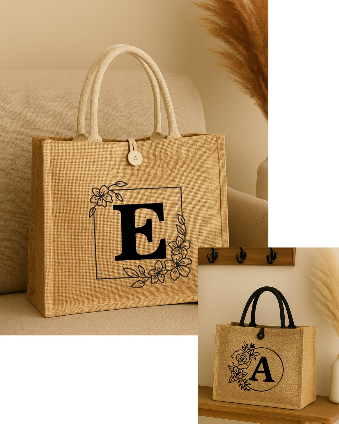 Sac en jute personnalisé avec initiale et cadre fleuri