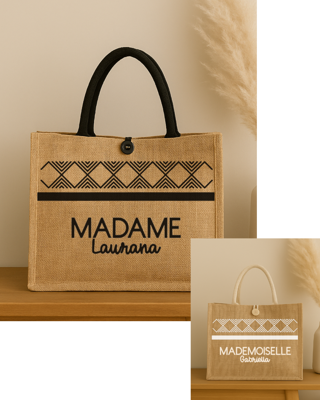 Sac en jute inscription Madame ou mademoiselle + prénom au choix