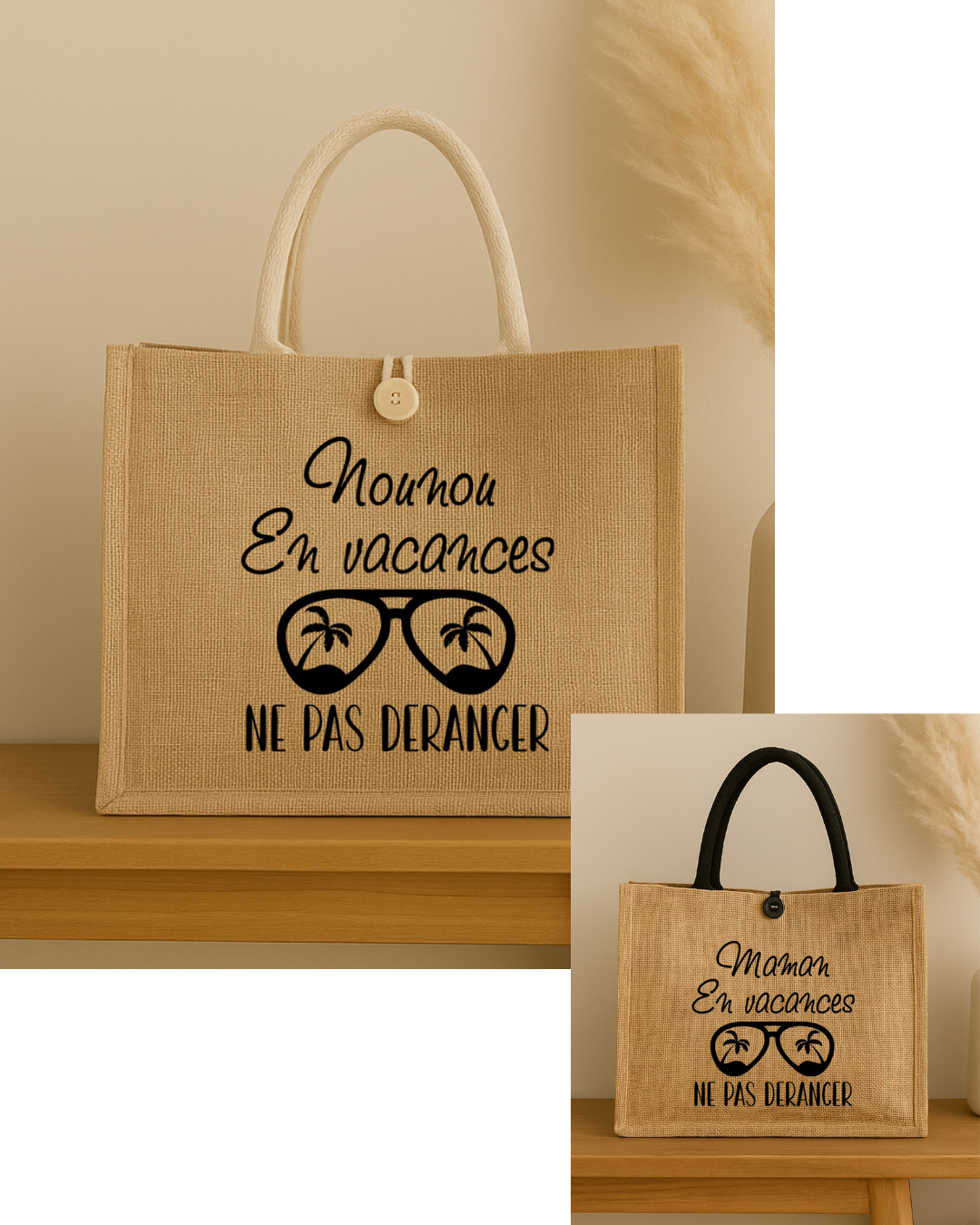 Sac en jute personnalisé inscription Maman en vacances ne pas déranger, texte modifiable
