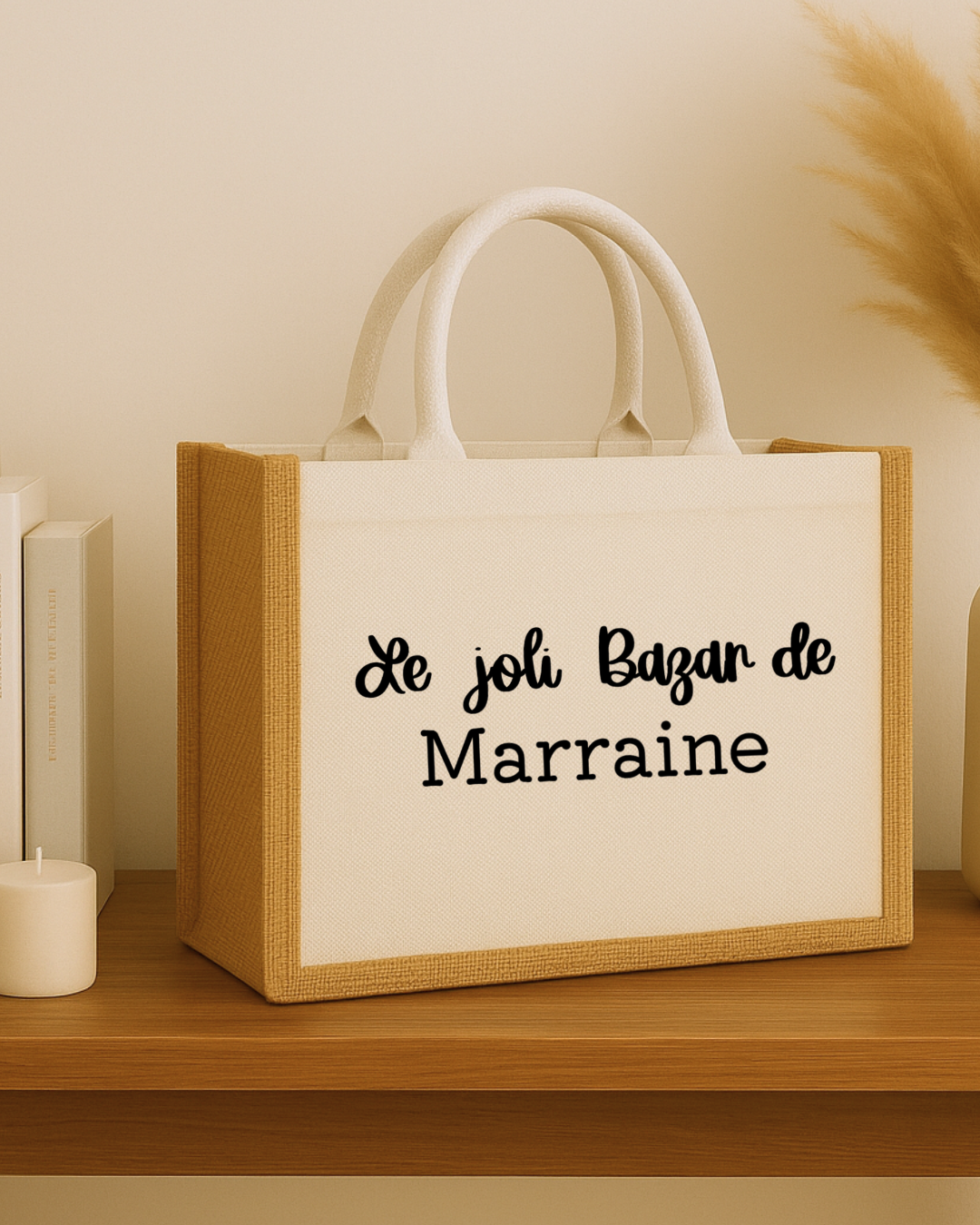Sac en jute et tissu personnalisé, inscription le joli bazar de + prénom ou appellation au choix
