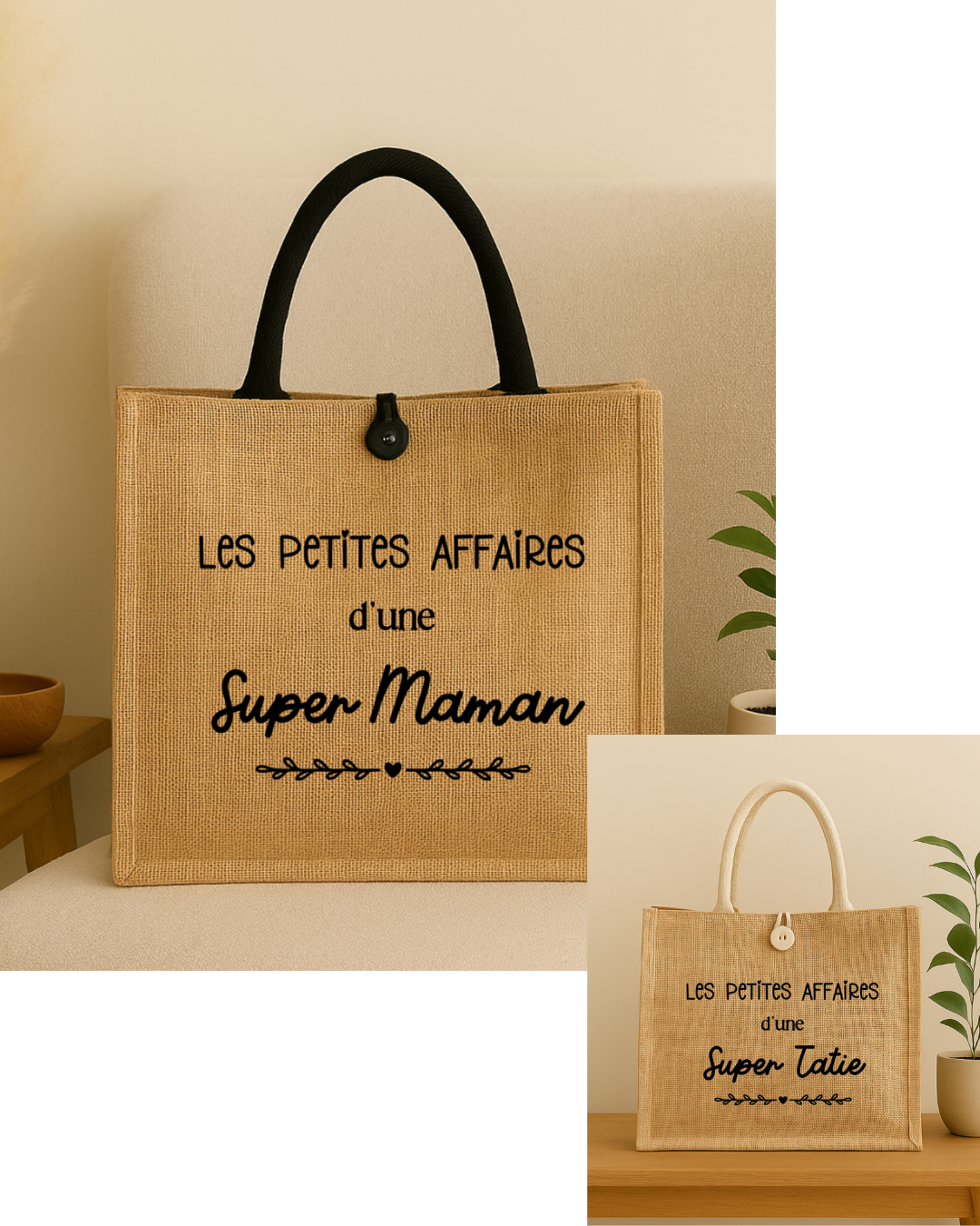 Sac en jute personnalisé inscription les petites affaire d'une super maman , texte modifiable