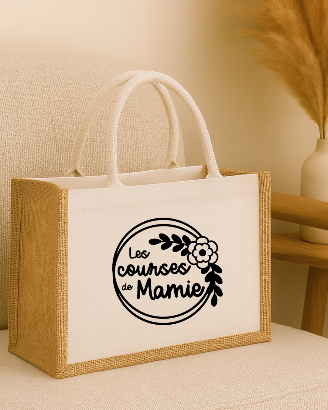 Sac en jute et tissu personnalisé inscription les courses de mamie, texte modifiable