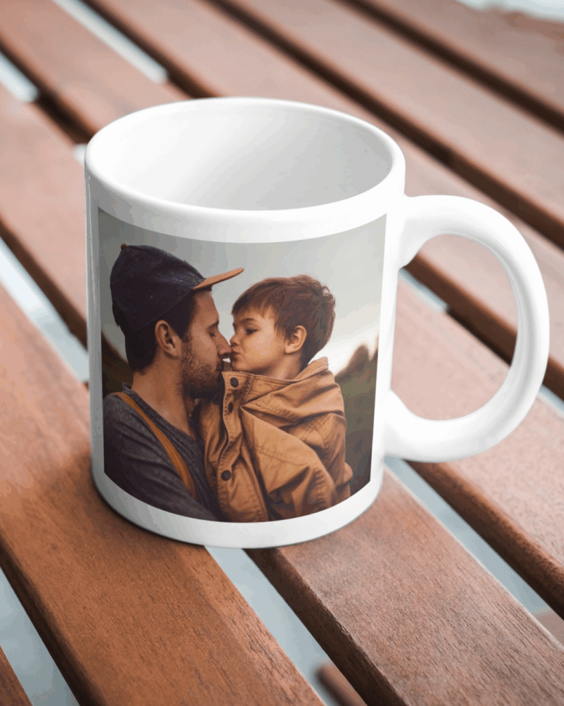 mug personnalisé avec photo, un message au verso peut être ajoutée