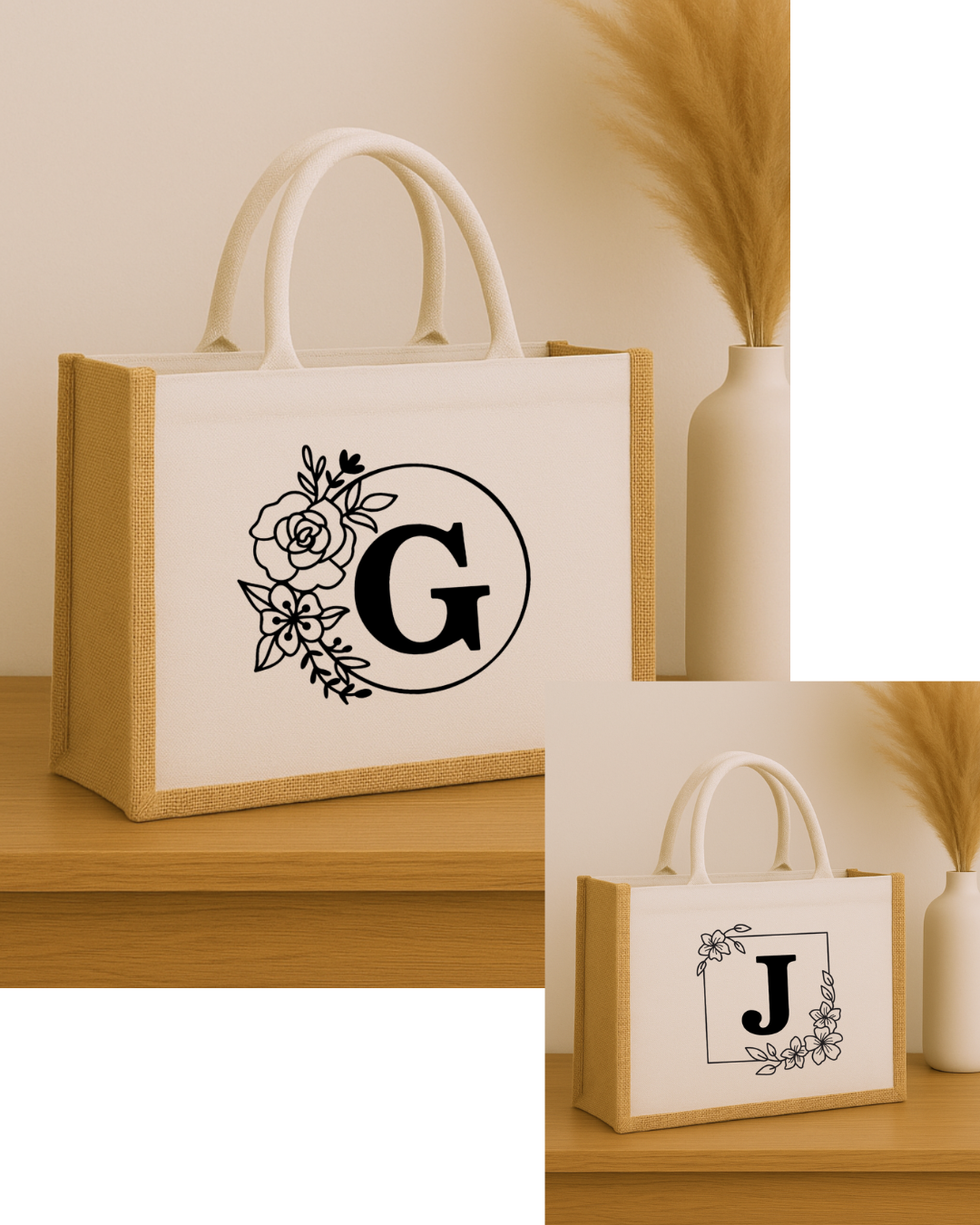 Sac en jute et tissu personnalisé avec initiale et cadre fleuri